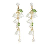Gissroys Flower Leaf Necklace Earring Bells Orchids Pearl Dangle Earrings Necklace For Women Bridal Wedding Summer Holiday Juwely Women Floral Fringe Charming Decorative Branches, one size, As