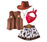 Gissroys Girls' Western Cowgirl Costume Set 4 Pieces with Vest Scarf Hat and Short Skirt for Role Play Performances Party Halloween Practical Cowgirl Role Play Clothing Set