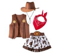 Gissroys Girls' Western Cowgirl Costume Set 4 Pieces with Vest Scarf Hat and Short Skirt for Role Play Performances Party Halloween Practical Cowgirl Role Play Clothing Set