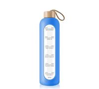 Gistome 1 Liter Glass Water Bottle with Bamboo Lid - 1000ml Sports Drinking Bottle with Time Marker, Reusable Shatterproof Silicone Case Bottle for Fitness Gym Outdoor Travel Workout