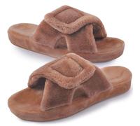 Git-up Ladies Memory Foam Slippers with Arch Support Adjustable Hook and Loop Open Toe Women Slippers Soft Bedroom House Indoor Outdoor Shoes UK7 Khaki