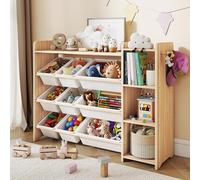 GITAWUSA Kids Toy Storage Organizer, Wooden Shelf with 3 Tiers and 9 Storage Bins, Nursery Room Organizer for Books and Toys, White and Natural Wood