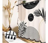 GiuMsi Boho Mid Century Leaf Shower Curtain Set,Arch Sun Design,Minimalistic Leaves Pattern,Waterproof and Luxurious Fabric-12 Hooks(Black and White-72" x 72")