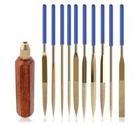 Giuneuow 10 Pcs Needle File Set, Wooden Handles with Brass Collet Chuck, Balance Shock Absorbing Wood Handle File Round Handle