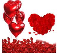 GIUSOBG Rose Petals Decorative Love Balloons Red Pack of 1000 Red Artificial Rose Petals 10 Red Heart-Shaped Foil Balloons Romantic Decoration Heart Foil Balloon Red for Engagement Anniversary