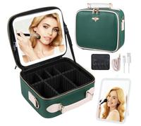GIUWESOY Travel Makeup Bag with Light Up Mirror, Portable Makeup Bag with Led Light Women Waterproof Makeup Travel Case adjustable dividers Rechargeable Vanity Mirror with 3 Color Lights (Green)