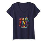 Give Me Five Birthday Celebration Festive Fun V-Neck T-Shirt, Women, Navy, XL