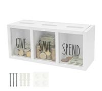 Give Save Spend Money Box, 25cm Visualized Wood Piggy Bank for Kids Adults, Wall Mounted Money Savings Challenge Cash Container, Teach Children About Giving & Saving Box (White)