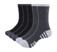 GiveGift 5 Pairs Mens Cozy Fluffy Socks Sleep Fuzzy Socks Loose Comfy House Thick Slipper Bed Sock for Men 9-12 Black and Grey Multipack