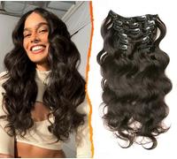 GIVLOVE Dark Brown Color Double Weft Hairpieces for Women,Body Wave Hair Extensions Clip in 14 Inch 7Pcs 70g Clip in Hair Extensions Real Human Hair (1b# Natural black, 15)