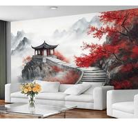 GIVLWF Chinese Wallpaper & Wall Mural, Red Maple Tree Bedroom Wallpaper, Traditional Ink Wall Paper for Living Room, Asian Inspired Mural & Home Decor - Non Self Adhesive
