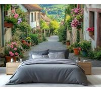 GIVLWF Italy Landscape Wallpaper, European Flowers Bedroom Wallpaper, Small Town Wall Paper for Living Room, Not Self Adhesive Old Street Wall Mural - Home Decor, Rural Landscape Large Mural Decor