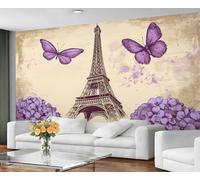 GIVLWF Paris Large Mural & Home Decor, Purple Hydrangeas Wallpaper for Living Room, Romantic City Bedroom Wall Paper, Non-Self-Adhesive Eiffel Tower Murals for Walls