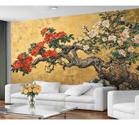 GIVLWF Peony Blossoms Wallpaper, Vintage Tree Wallpaper for Living Room, Grey Stone Rock Wall Mural & Bedroom Decor, Non Self Adhesive Gold Foil Wall Paper