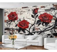 GIVLWF Red Roses Living Room Wallpaper - Brick Wall Graffiti Mural & Wall Decor - Gothic Floral Wallpaper for Bedroom Non Self Adhesive Urban Street Wall Paper & Mural