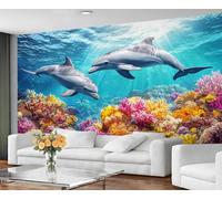 GIVLWF Underwater Dolphins Wallpaper Mural & Wall Decor, Coral Reef Bedroom Wallpaper, Marine Life Painting Wall Paper for Living Room, Non-Self-Adhesive Ocean Inspired Murals for Walls