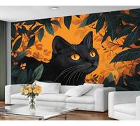 GIVLWF Wallpaper - Black Cat Print Home Decor & Mural, Self Adhesive Wallpaper for Living Room, Green Leaves Wall Mural, Cartoon Kids Bedroom Wall Paper, Peel and Stick