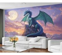 GIVLWF Wallpaper Blue Dragon Home Decor & Mural, Fantasy Creature Bedroom Wallpaper, Sunset Sky Wall Paper for Living Room, Full Moon Large Wall Mural - Not Self-Adhesive
