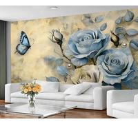 GIVLWF Wallpaper - Blue Rose Home Decor & Large Mural, Rustic Flowers Wallpaper for Living Room, Bedroom Wall Paper, Wall Mural - Not Self Adhesive, Floral Butterfly