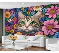 GIVLWF Wallpaper - Cat Print Home Decor & Mural, Boho Flowers Bedroom Wallpaper, Rustic Floral Animal Wall Paper for Living Room, Large Wall Mural (Not Self-Adhesive)