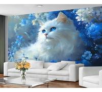 GIVLWF Wallpaper - Cat Print Home Decor & Mural, Self Adhesive Wallpaper for Living Room, Mysterious Blue Floral Wall Mural, White Animals Bedroom Wall Paper, Peel and Stick
