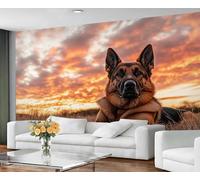 GIVLWF Wallpaper - Dog Pattern Home Decor & Mural, German Shepherd Lover Bedroom Wallpaper, Sunset Landscape Wall Paper for Living Room, Large Wall Mural (Not Self-Adhesive)