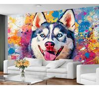 GIVLWF Wallpaper - Doodle Dog Home Decor & Mural, Husky Lovers Bedroom Wallpaper, Animal Street Art Wall Paper for Living Room, Large Wall Mural (Not Self-Adhesive)
