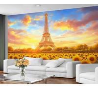 GIVLWF Wallpaper Eiffel Tower Home Decor & Wall Mural, Paris Sunflower Bedroom Wallpaper, Sunset Sky Wall Paper for Living Room, Romantic French Large Mural - Not Self-Adhesive