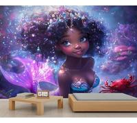 GIVLWF Wallpaper - Fashion Girl Home Decor& Large Mural, Cartoon Black Girl Wallpaper for Living Room, Bedroom Wall Paper, Not Self Adhesive Wall Mural, Purple Mermaid