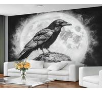 GIVLWF Wallpaper - Gothic Home Decor & Mural, Self Adhesive Wallpaper for Living Room, Full Moon Crow Wall Mural, Horror Gray Bedroom Wall Paper, Peel and Stick