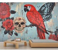 GIVLWF Wallpaper - Gothic Parrot Home Decor& Large Mural, Rustic Skull Wallpaper for Living Room, Bedroom Wall Paper, Not Self Adhesive Wall Mural, Romantic Roses