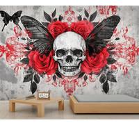 GIVLWF Wallpaper - Gothic Style Home Decor& Large Mural, Butterfly Skull Bedroom Wall Paper, Wallpaper for Living Room, Not Self Adhesive Wall Mural, Gothic Floral