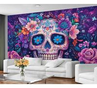 GIVLWF Wallpaper & Halloween Decor - Mexican Skull Wallpaper for Living Room - Flowers Skull Bedroom Wall Paper - Peel and Stick & Self Adhesive - Hippie Skeleton Large Mural & Wall Decor
