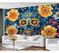 GIVLWF Wallpaper & Halloween Decor - Mexican Skull Wallpaper for Living Room - Gothic Blue Skull Bedroom Wall Paper - Peel and Stick & Self Adhesive - Hippie Skeleton Large Mural & Wall Decor