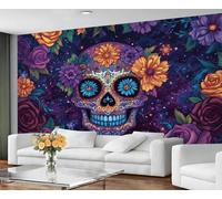 GIVLWF Wallpaper & Halloween Decor - Sugar Skull Wallpaper for Living Room - Purple Floral Skull Bedroom Wall Paper - Peel and Stick & Self Adhesive - Gothic Skeleton Large Mural & Wall Decor