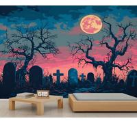 GIVLWF Wallpaper - Halloween Theme Home Decor& Large Mural, Cartoon Gothic Bedroom Wall Paper, Wallpaper for Living Room, Not Self Adhesive Wall Mural, Cemetery Landscape