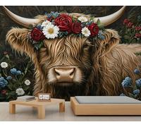 GIVLWF Wallpaper - Highland Cattle Home Decor& Large Mural, Farmhouse Animals Wallpaper for Living Room, Bedroom Wall Paper, Not Self Adhesive Wall Mural, Floral Cows