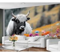 GIVLWF Wallpaper - Highland Cattle Home Decor & Large Mural, Spring Floral Wallpaper for Living Room, Bedroom Wall Paper, Wall Mural - Not Self Adhesive, Natural Animals