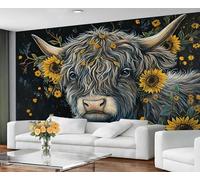 GIVLWF Wallpaper - Highland Cattle Home Decor & Mural, Rustic Cow Bedroom Wallpaper, Sunflower Animals Wall Paper for Living Room, Large Wall Mural (Not Self-Adhesive)