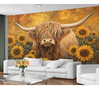 GIVLWF Wallpaper - Highland Cow Home Decor & Mural, Self Adhesive Wallpaper for Living Room, Rustic Sunflower Wall Mural, Farmhouse Rustic Bedroom Wall Paper, Peel and Stick