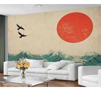GIVLWF Wallpaper Japanese Home Decor & Mural, Vintage Ocean Bedroom Wallpaper, Red Sun Wall Paper for Living Room, Large Wall Mural - Not Self-Adhesive