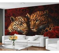 GIVLWF Wallpaper - Leopard Home Decor & Mural, Romantic Roses Bedroom Wallpaper, Cheetahs Wall Paper for Living Room, Large Wall Mural (Not Self-Adhesive)
