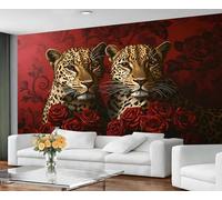 GIVLWF Wallpaper - Leopard Home Decor & Mural, Self Adhesive Wallpaper for Living Room, Romantic Red Roses Wall Mural, Animal Cheetah Bedroom Wall Paper, Peel and Stick