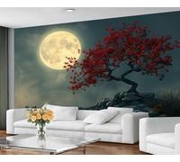 GIVLWF Wallpaper - Night Scene Home Decor & Mural, Self Adhesive Wallpaper for Living Room, Traditional Japanese Wall Mural, Moon & Tree Bedroom Wall Paper, Peel and Stick