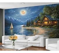 GIVLWF Wallpaper - Seaside Town Home Decor & Large Mural, Rural Night Scene Wallpaper for Living Room, Bedroom Wall Paper, Wall Mural - Not Self Adhesive, Rustic European Style