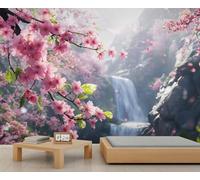 GIVLWF Wallpaper - Spring Landscape Home Decor& Large Mural, Floral Waterfall Wallpaper for Living Room, Bedroom Wall Paper, Not Self Adhesive Wall Mural, Natural Cherry Blossoms