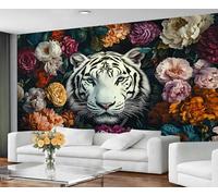 GIVLWF Wallpaper Tiger Home Decor & Wall Mural, Dark Florals Bedroom Wallpaper, White Tiger Wall Paper for Living Room, Large Mural - Not Self-Adhesive