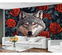 GIVLWF Wallpaper - Vintage Wolf Home Decor & Mural, Red Roses Bedroom Wallpaper, Romantic Animal Wall Paper for Living Room, Large Wall Mural (Not Self-Adhesive)