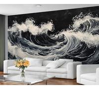 GIVLWF Waves Wallpaper Mural & Wall Decor, Japanese Bedroom Wallpaper, Vintage Black Wall Paper for Living Room, Non-Self-Adhesive, Murals for Walls
