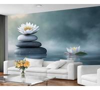 GIVLWF Zen Water Lily Large Mural & Room Decor, Spa Stones Art Bedroom Wallpaper, Calm Water Wall Paper for Living Room, Non-Self-Adhesive Relaxing Nature Murals for Walls